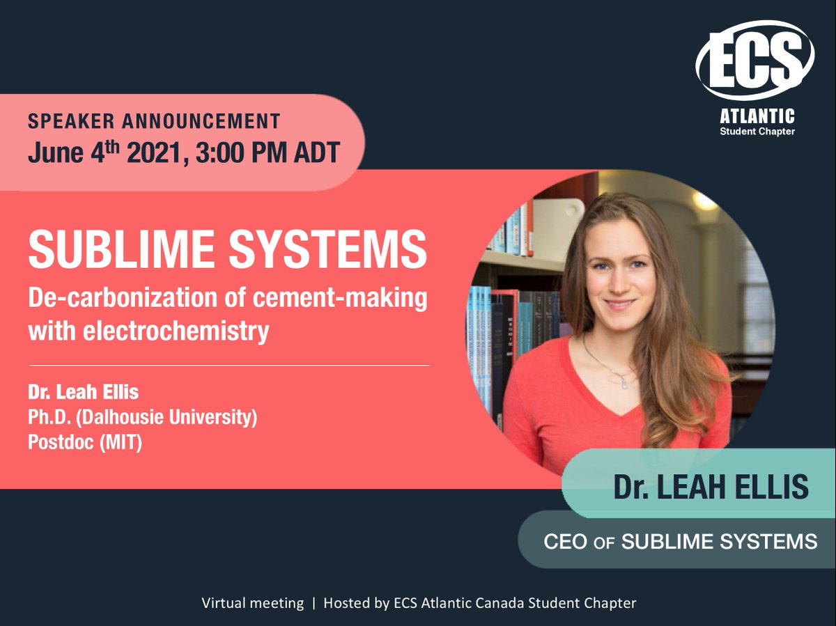 We are excited to announce our first seminar speaker Leah Ellis who will talk about the #decarbonization of cement-making! Join us on June 4th @ 3pm ADT @OhHelloLeah <a href="/ECSorg/">ECS</a>