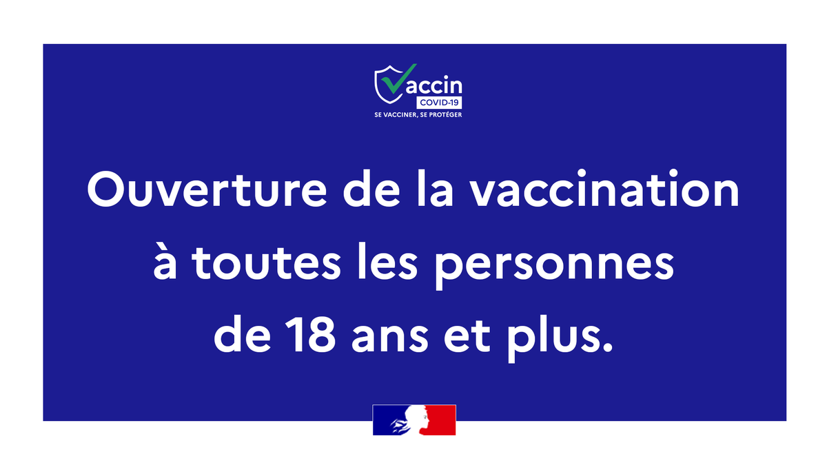 Prefet72's tweet photo. 🔴#COVID19 | Dès aujourd'hui, la #vaccination est ouverte à toutes les personnes de plus de 18 ans.
✅ Des nouveaux créneaux sont mis en ligne chaque jour sur les plateformes de rendez-vous. 
✅ Pour se faire vacciner en Sarthe 👇
https://t.co/krQa7oupts https://t.co/7T9eoMcFfp