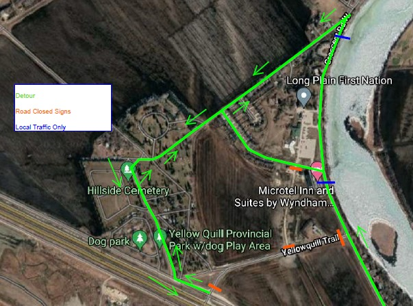 Yellowquill Trail will be closed for road repairs on June 1, 2021 from 6:00 am to 5:00 pm. Please see map for detour information.