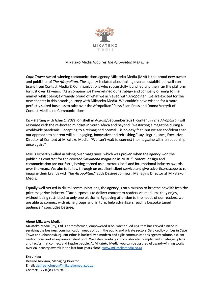 🚨🚨 Announcement:
Mikateko Media is the proud new owner and publisher of The Afropolitan magazine with our first issue on shelf in August/September 2021.
For enquiries contact <a href="/desjjohn/">Desiree Johnson</a> (see contact details on the press release).
#TheAfropolitan #CelebratingAfricanexcellence
