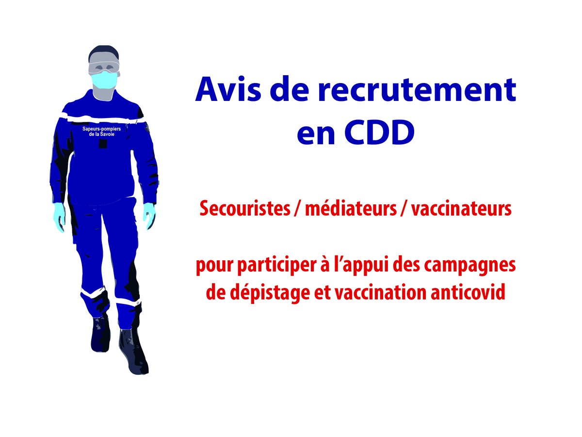 Le <a href="/SDISsavoie/">Pompiers de la Savoie</a> recrute 20 sapeurs-pompiers ou secouristes en CDD pour les missions de soutien à la vaccination ou aux tests #COVID19 à temps complet ou non complet pour une durée de 3 mois.
Informations et candidatures ➡️
sdis73.fr/.../fr/sapeurs…
