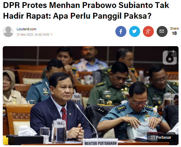 DIANCAM PAKSA, karena
👇
"Hampir setahun tidak bertemu Menhan di <a href="/DPR_RI/">DPR RI</a>. Padahal, ini masalah negara yang harus dibahas" Effendi Simbolon, Senin 31/5

Terkait rencana prabowo yang minta anggaran Rp 1760 TRILIUN untuk alutsista

Mungkin
LAGI FOKUS PEMENANGAN PILPRES 2024

<a href="/jokowi/">Joko Widodo</a>