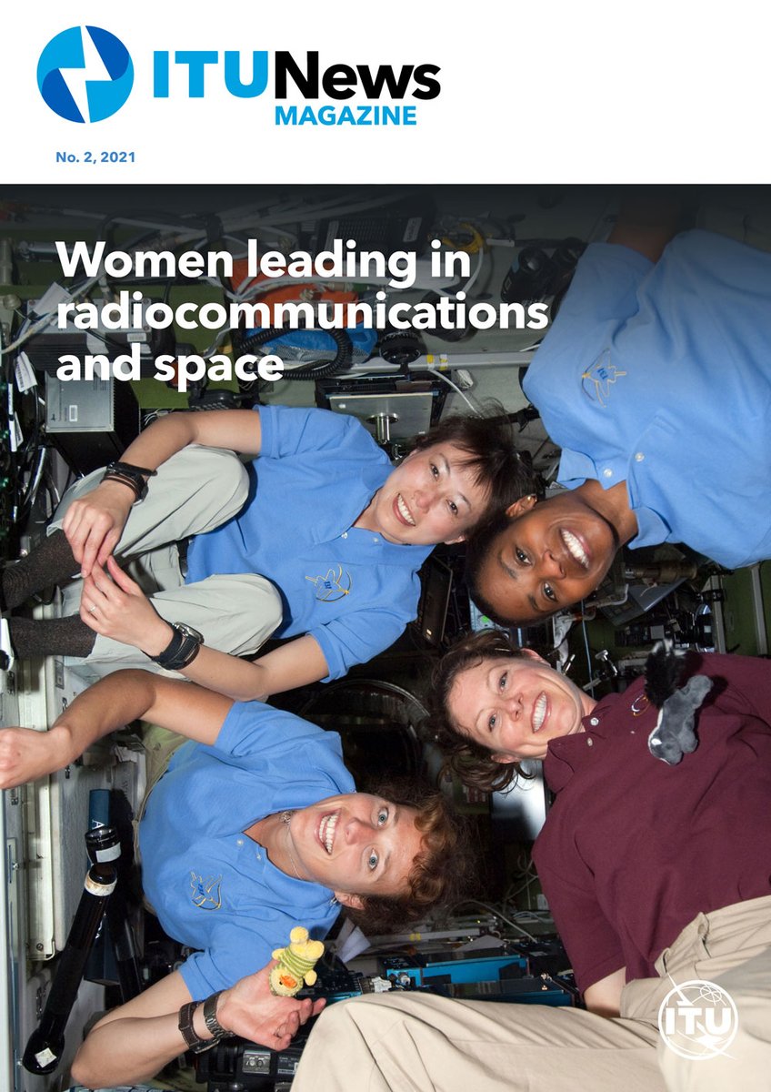 front cover of the ITU News magazine special edition on women leading in radiocommunications and space with photo of female astronauts
