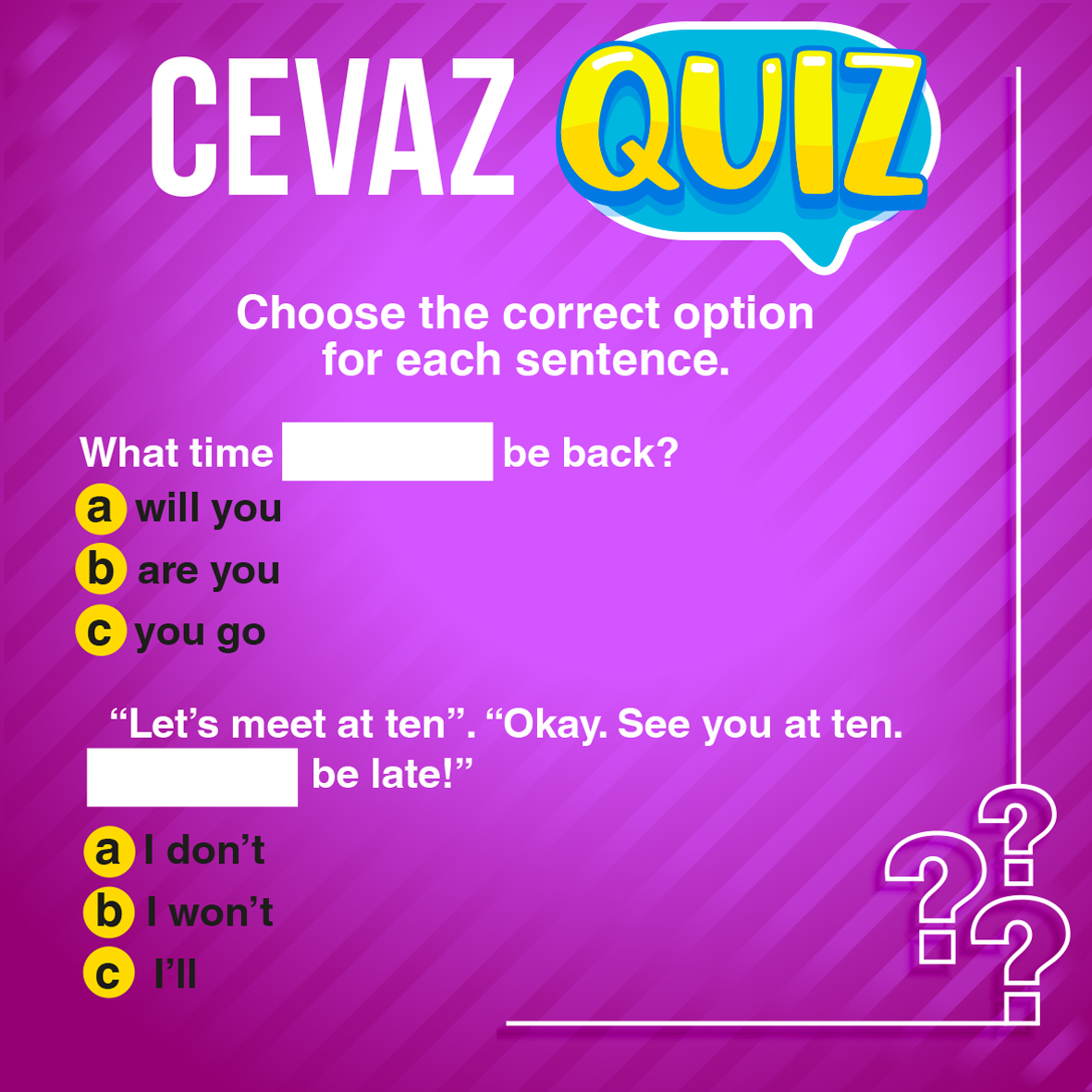 cevazzulia's tweet photo. Let’s practice future simple with “Will”. 😉
Do you remember in which level you studied this grammar for the first time? 🤔
Tag your friends and enjoy this activity with them! 💪🏼
#WeSpeakEnglish #WeSpeakCEVAZ #CEVAZ #English #Learning #Education #Future #Maracaibo #Venezuela https://t.co/t6m2tYR5px