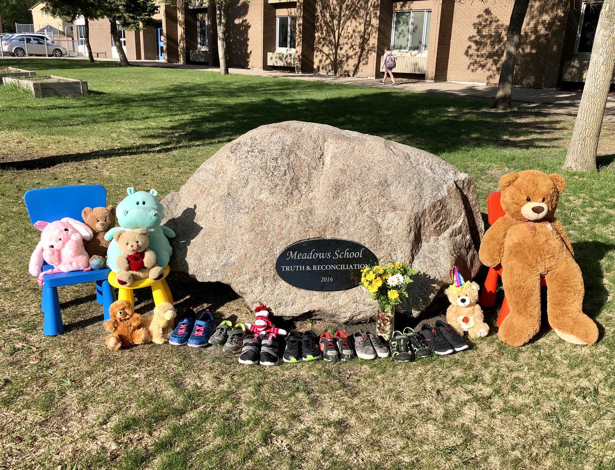 Meadows School is honouring the 215 children whose lives were taken at the former Kamloops residential school and all Indigenous children who never made it home, the survivors and their families by setting up a memorial by our Buffalo rock.
