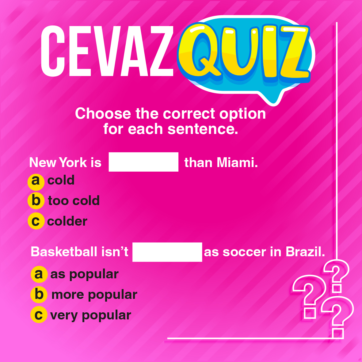 cevazzulia's tweet photo. Let’s practice superlatives and comparatives!✨
Tag your friends and challenge them to choose the right option for each sentence. 💪🏼
#WeSpeakEnglish #WeSpeakCEVAZ #CEVAZ #English #Learning #Education #Comparatives #Superlatives #Maracaibo #Venezuela https://t.co/5mrJdHRRDq