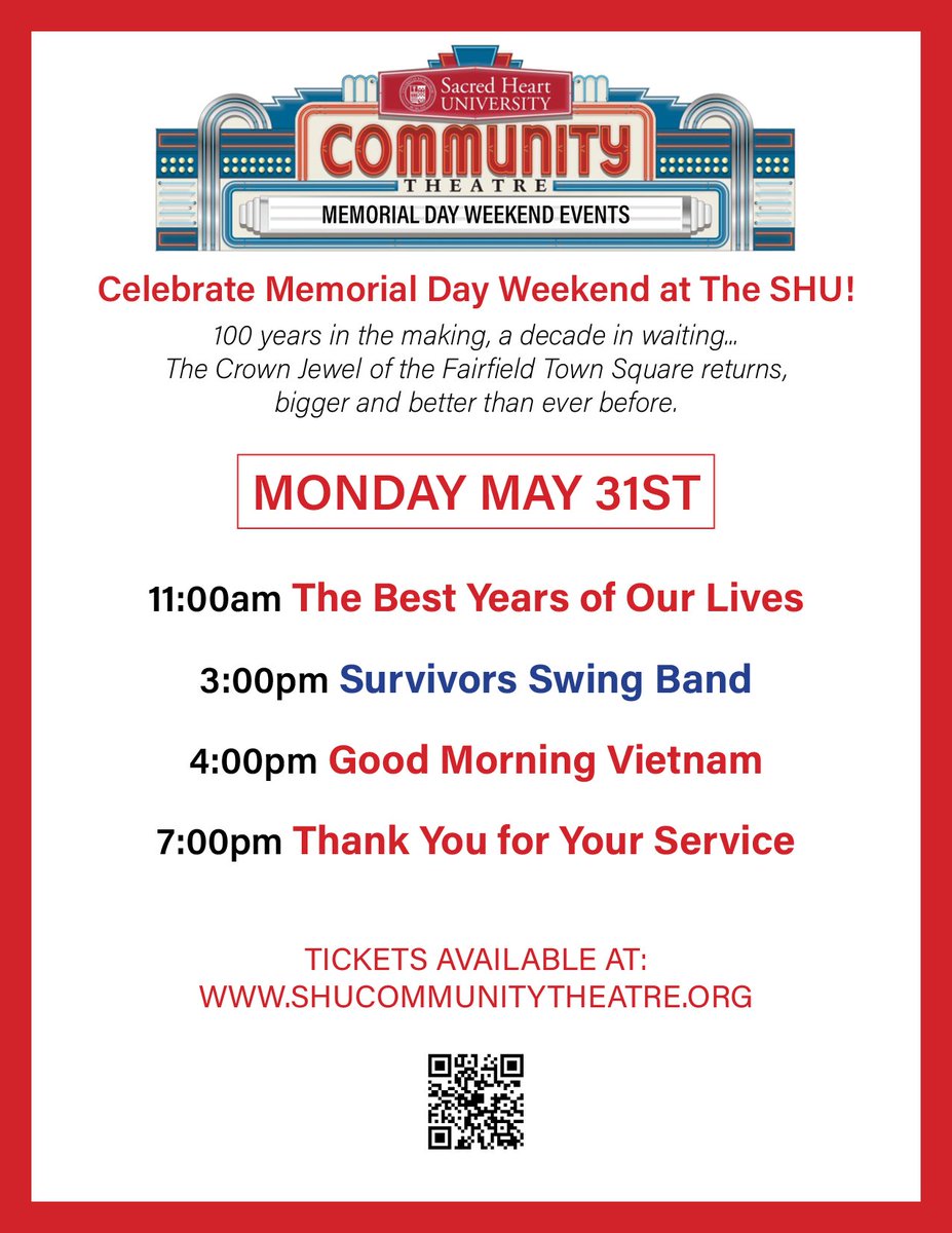 IN HONOR OF ALL VETS ... and especially those who gave the ultimate sacrifice protecting us and our way of life ... all events today are FREE for ALL VETS & their families. #TheSHU #SHUCommunityTheatre #MemorialDay