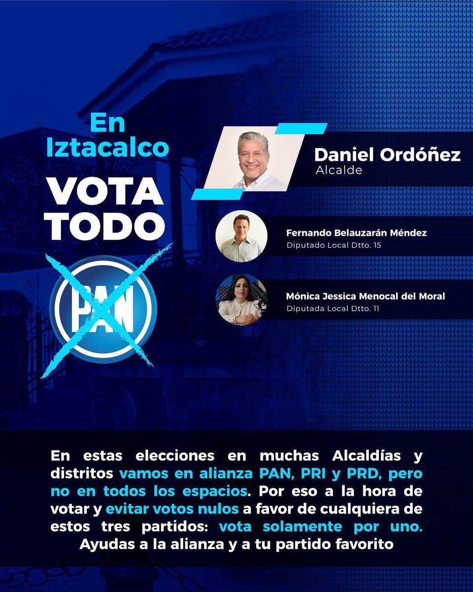 AAtaydeR's tweet photo. Demostremos que en #Iztacalco se puede gobernar bien y que podemos combatir el desempleo, la inseguridad y la falta de oportunidades. 
🔵 @Ordonez2124
🔵 @ferbelaunzaran
🔵 @MenocalMonica

Este 6 de junio #TachaPAN en todas las boletas 

#SíHayDeOtra 🙋🏻‍♂️ https://t.co/E9AX2LzTlg