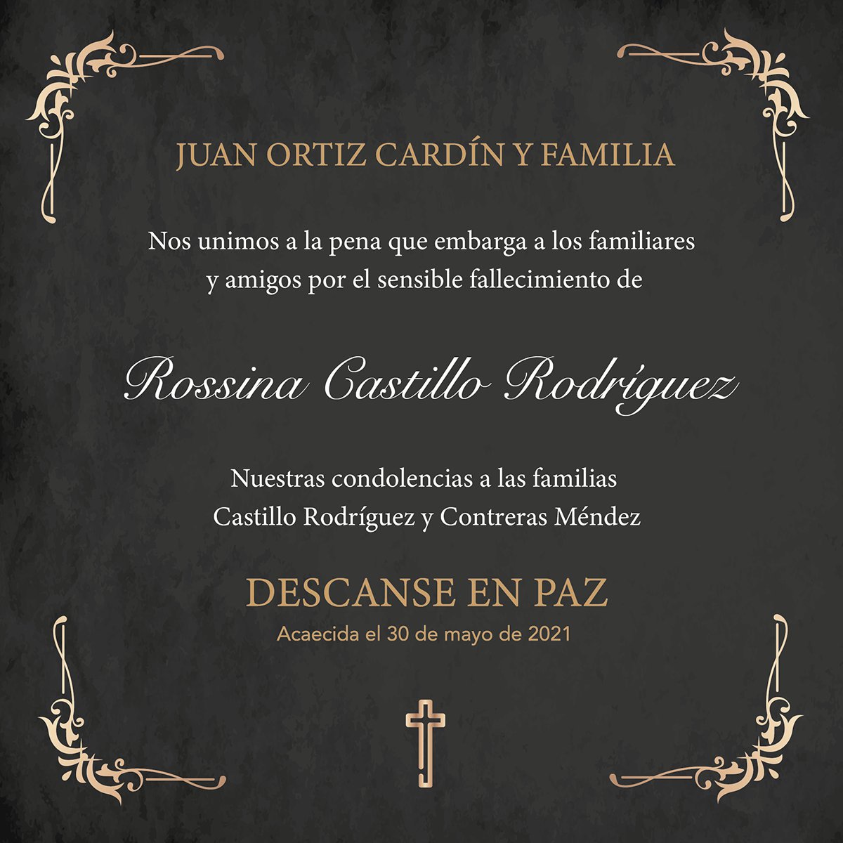 Lamento profundamente la irreparable perdida  de la Señora Rossina Castillo, esposa de nuestro amigo Chepe Contreras. Deseo a sus familiares y amigos que encuentren la paz y resignación. QEPD.