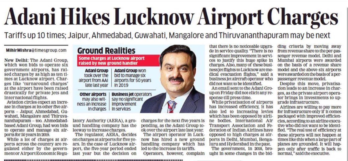 pbhushan1's tweet photo. So after the Modi govt facilitated Adani to get control of 6 airports in violation of rules, he starts hiking Airport charges in those airports by as much as 10 times! This is Highway robbery by Modi's crony https://t.co/7fuYZHVSUe