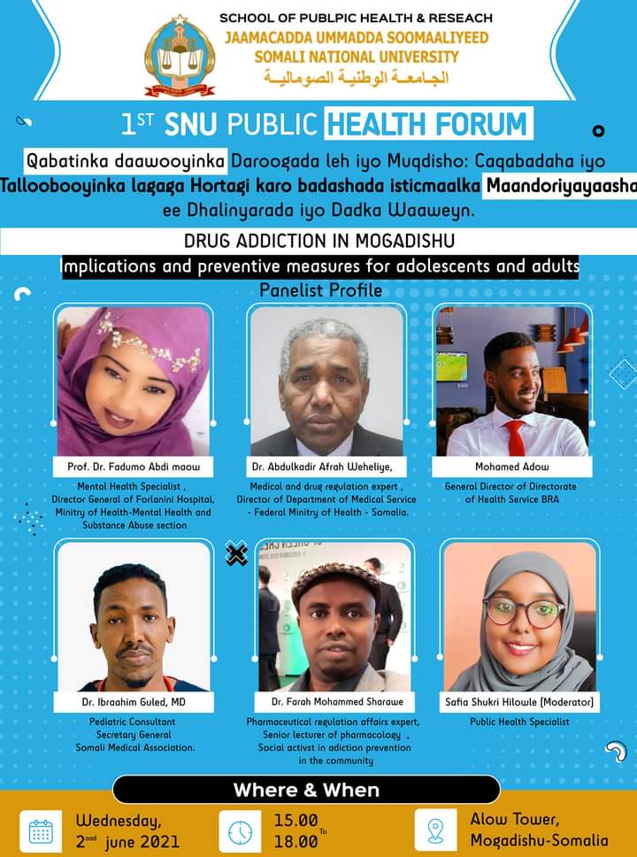 SNU_SC's tweet photo. The drastic effect of drug Addiction; it's implications and preventive measures is the topic of the 1st Public Health Forum Organized by School of Public Health and Research @SNU_University . Senior experts are among the panelists. 
@Ibraahim_Guled @cadowm8 https://t.co/n1s60mhNh0