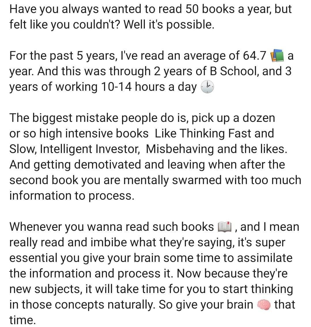 MBA_Brags's tweet photo. TL;DR: I shall brag about reading 50+ books every year, and use that premise to teach you how to read books by taking notes.

#motivation #books #mba_brags #bschool #inspiration https://t.co/7MuvWWYxHq