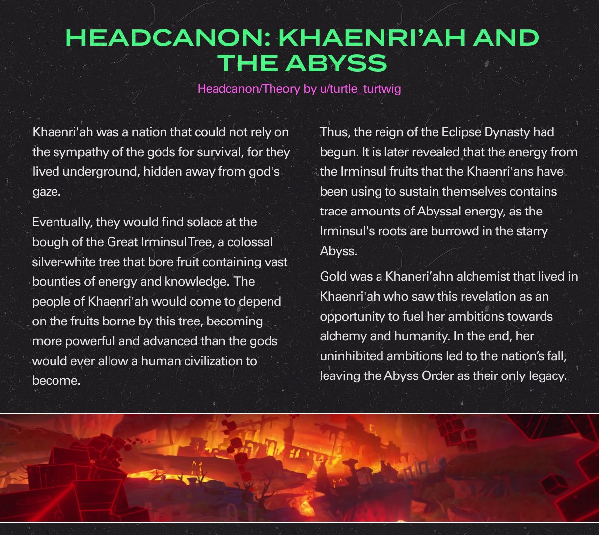 Khaenri'ah · Genshin Lore on X: THEORY: uturtle_turtwig's 'Khaenri'ah and  the Abyss' theory connects the godless nation's need for sustenance to the  Irminsul's forbidden knowledge––and the Art of Khemia as their downfall.