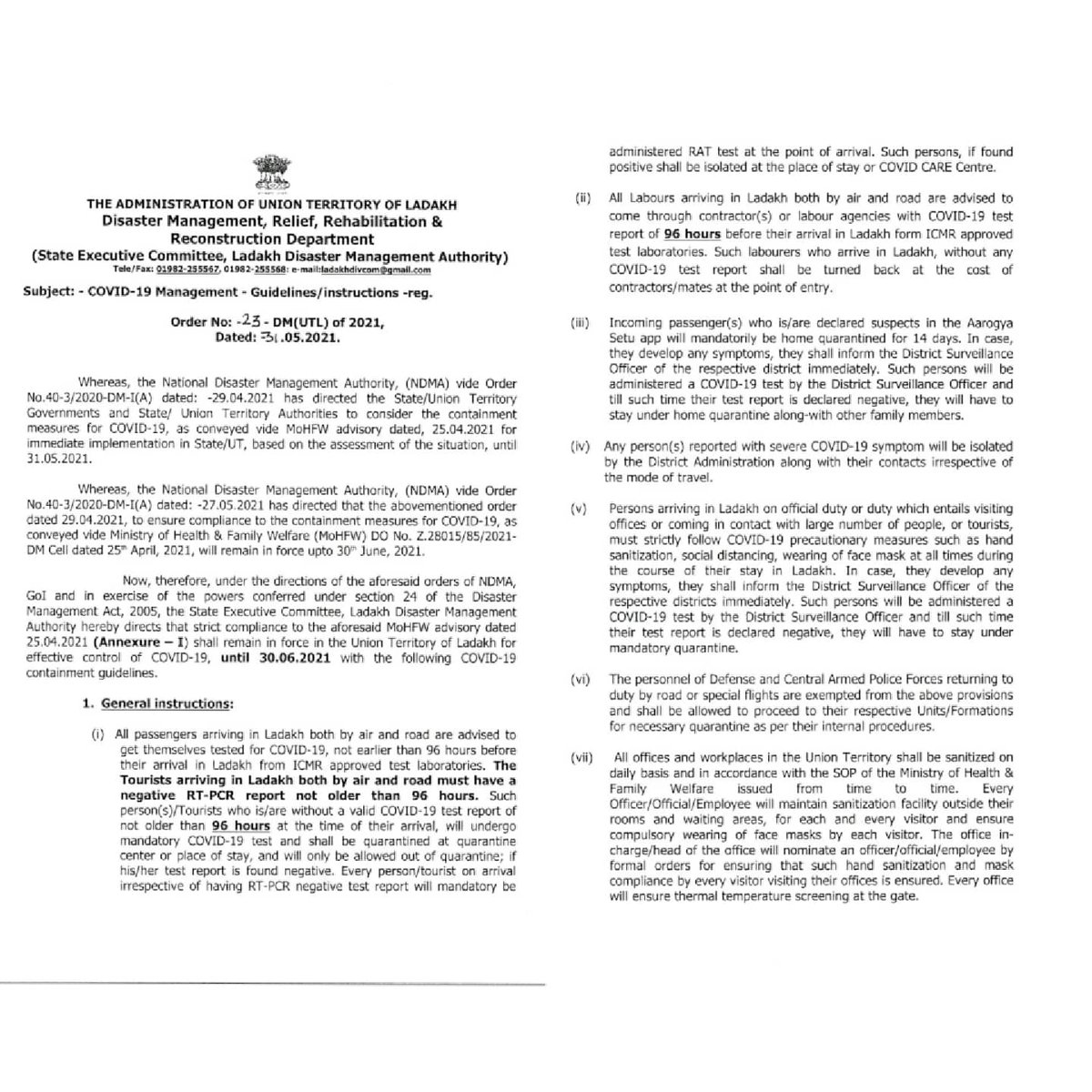 DIPR_Leh's tweet photo. Ladakh Disaster Management Authority extends MoHFW advisory on #COVID19 management dated 25th April until 30th June in  #UTLadakh for effective control of #COVID19 
@lg_ladakh @LAHDC_LEH @LAHDC_K @jtnladakh @DvCom_Secretary @padmaangmo @ddnewsladakh @MoHFW_INDIA https://t.co/6Mc6GG3UEl