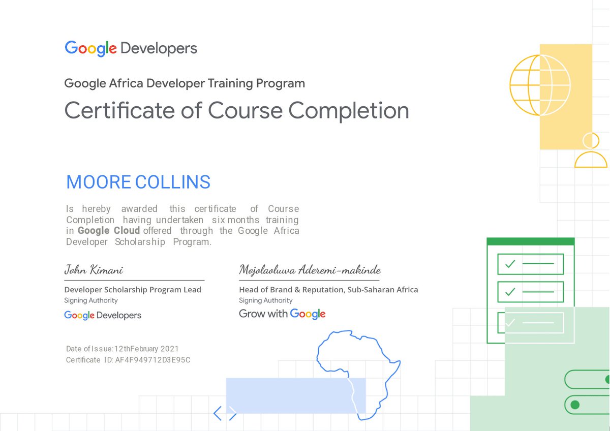 MooreCollins1's tweet photo. 2020 cohort of GADS got me @googlecloud #cerified, I am so happy and proud of this achievement.
Hope the get in this year as a mentor to help others enjoy the program and also get certified.
@googlecloud , @andela_alc @pluralsight @qwiklabs , you are all awesome 🙂 https://t.co/cDC6Zpjv6K