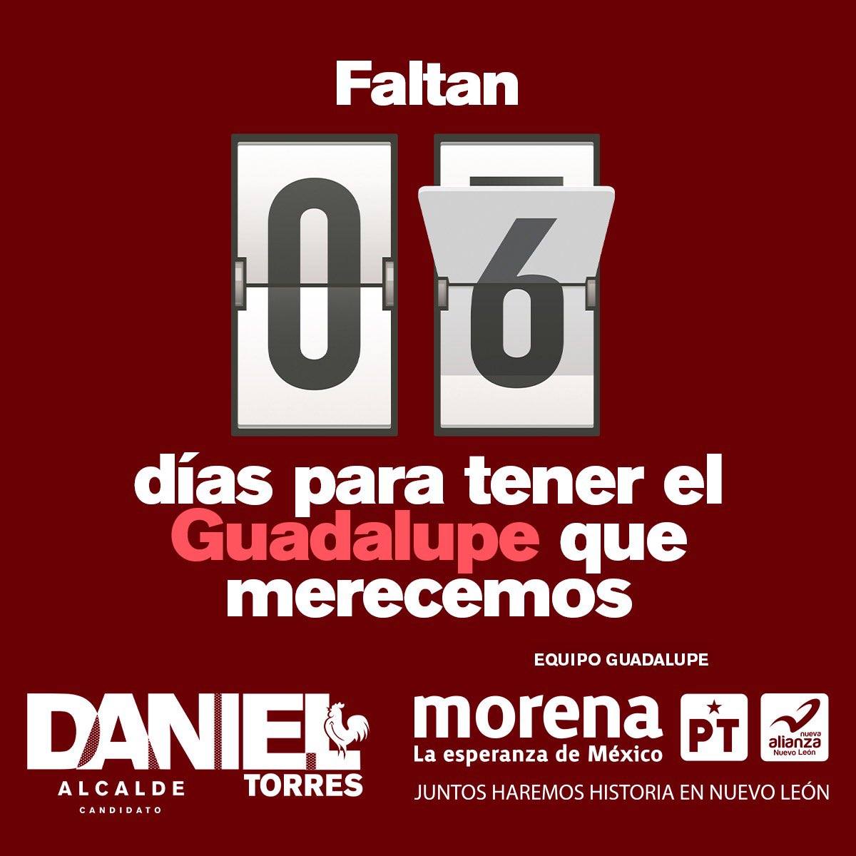 danieltorresca's tweet image. Este 6 de junio ¡VOTA POR EL GALLO! 🐓

Juntos tenemos la solución. ¡El despertar de Guadalupe está en tus manos! 
.
#Súmate en danieltorrescantu.com ¡Hagamos Equipo!
#DanielTorres