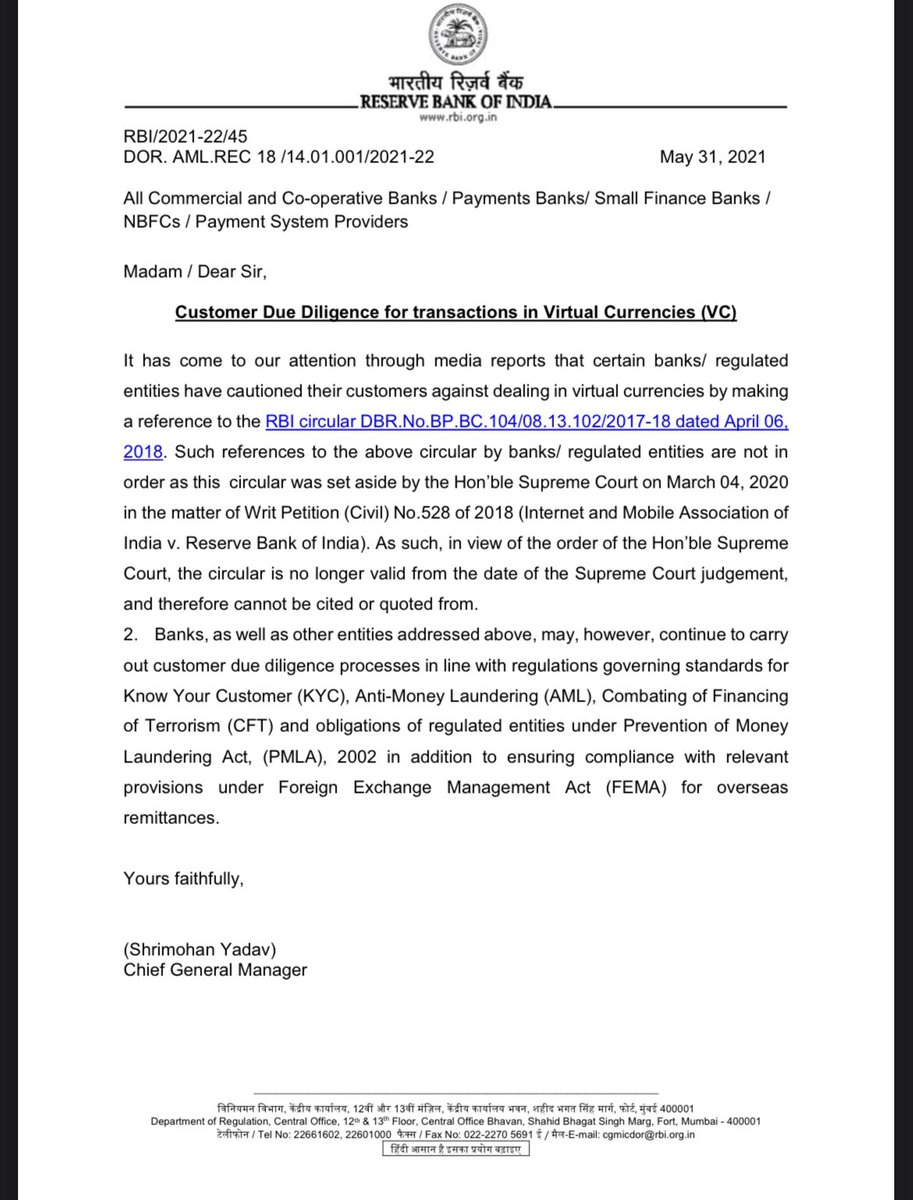 Official notification from <a href="/RBI/">ReserveBankOfIndia</a> about Crypto. Now tag your bank so that they will follow this.

Last time mostly banks said we don't have written information.

Like Retweet and tag your bank