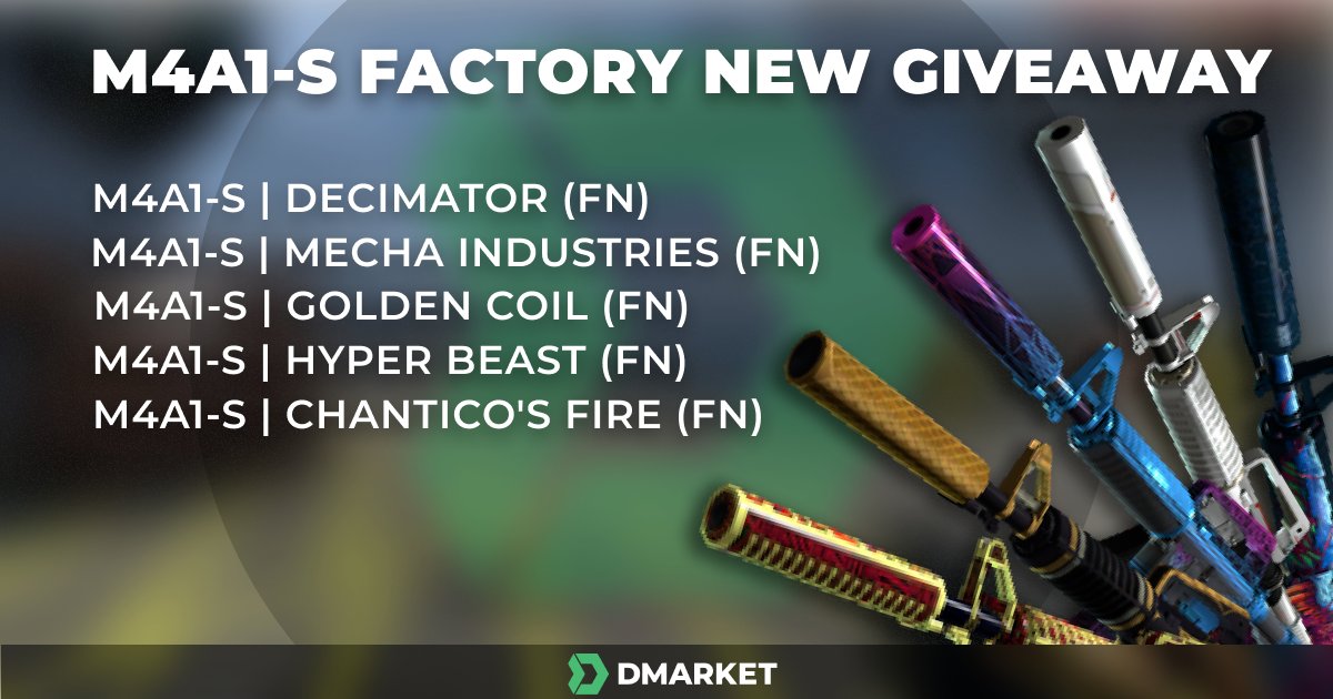 Time for⏰M4A1-S Factory New Giveaway!
5 skins for 5 winners!
M4A1-S | Decimator (Factory New)
M4A1-S | Mecha Industries (Factory New)
M4A1-S | Golden Coil (Factory New)
M4A1-S | Hyper Beast (Factory New)
M4A1-S | Chantico's Fire (Factory New)
This way 👉 go.dmarket.com/321ae