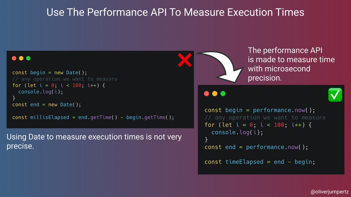 oliverjumpertz's tweet photo. 💛 JavaScript tip 💛

Don't measure elapsed times with Date. It only has millisecond precision and was not made to measure, e.g., execution times.

Better use the performance API. It has up to microsecond precision and was made exactly for such purposes! 👇🏻 https://t.co/fEUP3deUSo