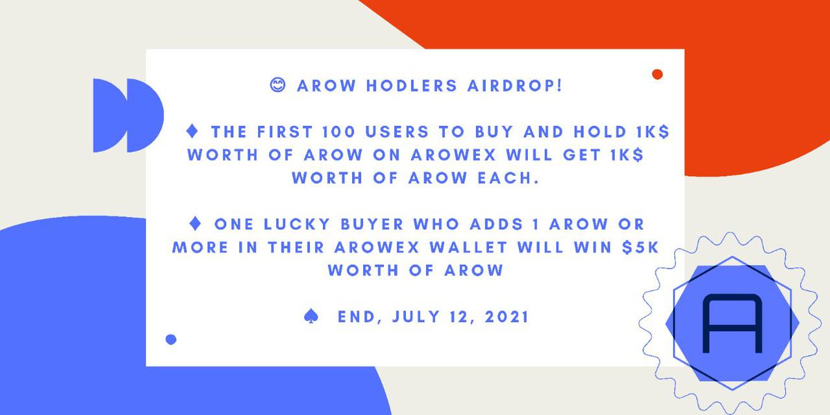 🤩 AROW HODLers Airdrop!

💰 The First 100 users to buy and hold 1K$ worth of AROW on ArowEx will get 1K$ worth of AROW each
💰 One lucky buyer who adds 1 AROW or more in their ArowEx wallet will win $5K worth of AROW

🗓  End, July 12, 2021
#arowex #ArowToken #arowtoken #arowex