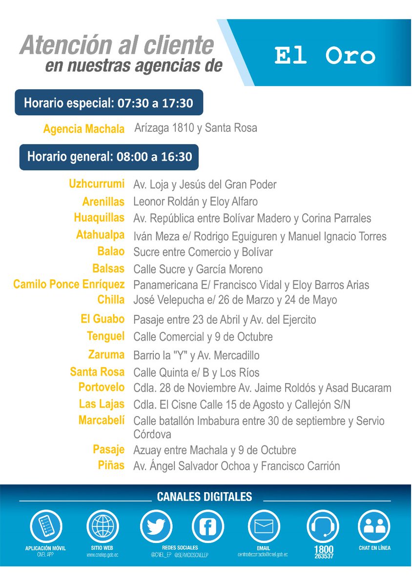 CNEL_EP's tweet photo. #IMPORTANTE | Les recordamos que las agencias de la Unidad de Negocio #ElOro, atenderán a nuestros clientes de manera ininterrumpida para que realicen consultas y trámites, de lunes a viernes. 

Recuerda que también tenemos habilitados los canales digitales.

#CNELEstáContigo https://t.co/heBZfqbyJ2