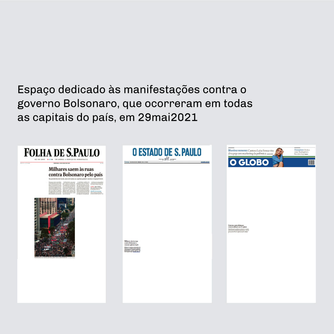 As capas de <a href="/folha/">Folha de S.Paulo</a> <a href="/Estadao/">Estadão 🗞️</a> e <a href="/JornalOGlobo/">Jornal O Globo</a> no dia seguinte às manifestações contra o governo