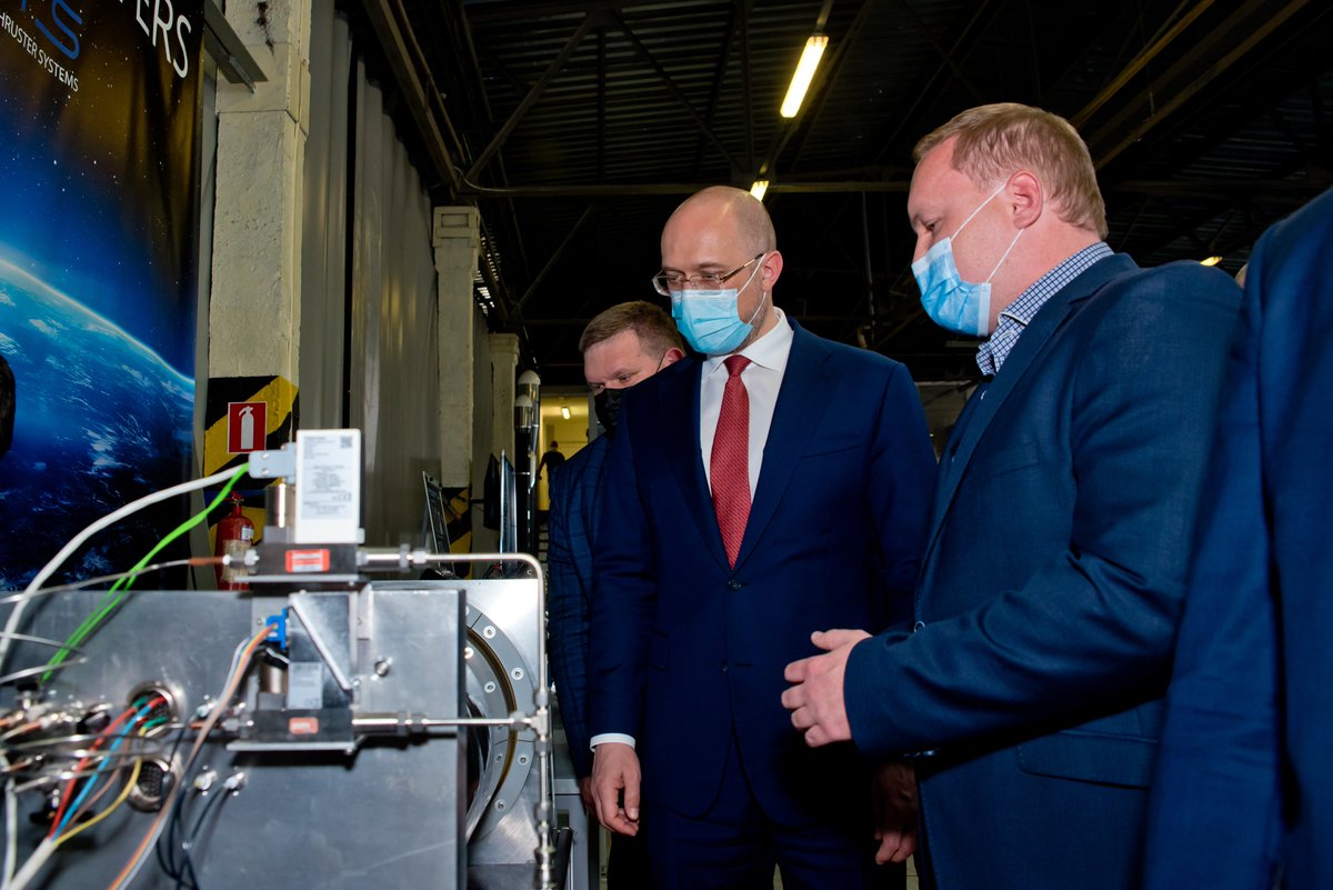 sets_space's tweet photo. On Thursday, May 27, the Prime Minister of Ukraine Denis Shmygal visited the Flight Control R&amp;D Center. It was an honor for #SETSspace to demonstrate ST-25 Hall Thruster in the frame of this official event💥. We look forward to furthering cooperation with the Ukrainian government https://t.co/IZeR6tRn5D