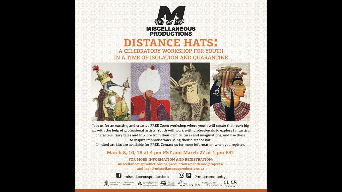 misccommunity's tweet photo. Looking for #PandemicProjects to keep the kids busy?
MISCELLANEOUS Productions has a #DistanceHats tutorial for children/young adults to create their own hats. Get supplies, turn on the video and have a fun-filled afternoon of creating! https://t.co/EEntNXjyD6 #misccommunity https://t.co/jnXX7S8oTN