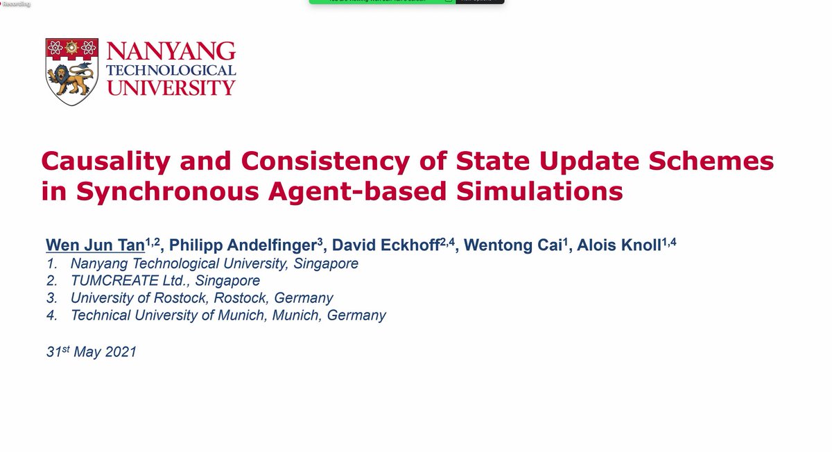 mahanama94's tweet photo. Wen Jun Tan from @NTUsg  is now presenting "Causality and Consistency of State Update Schemes in Synchronous Agent-based Simulations", diving into the impact of causality and consistency in ABM #SIGSIM #PADS2021 https://t.co/GtbpvaAhus