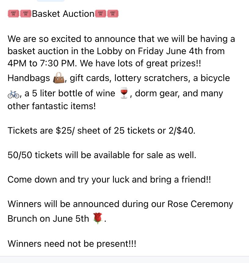 We are excited to announce our Rose Ceremony Basket Auction!! June 4th 4PM-7:30PM in the Lobby!