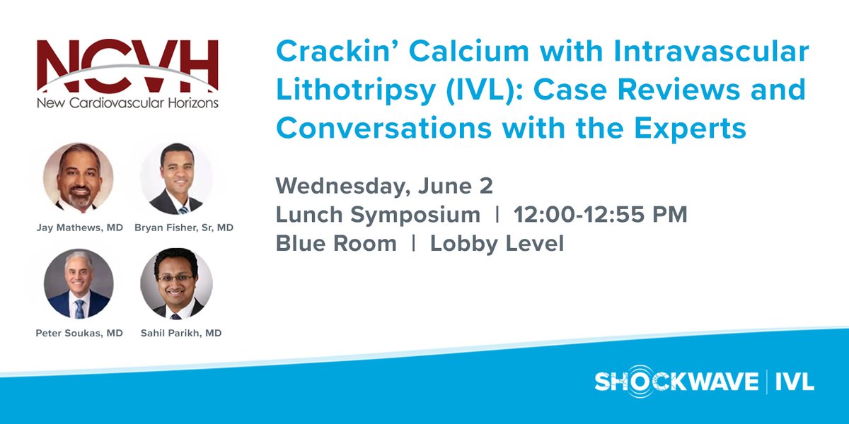 JJMT_CircRest's tweet photo. Join us for complex #peripheral cases &amp; discussion on Crackin’ Calcium with #ShockwaveIVL! Attend the lunch symposium at #NCVH with moderator @JayMathewsMD and expert panelists Bryan Fisher, @PeterSoukas &amp; @sahilparikhmd.

ISI https://t.co/Q2peu4kDd6 #VascTwitter #PAD @NCVHonline https://t.co/JEsbUiNYDo