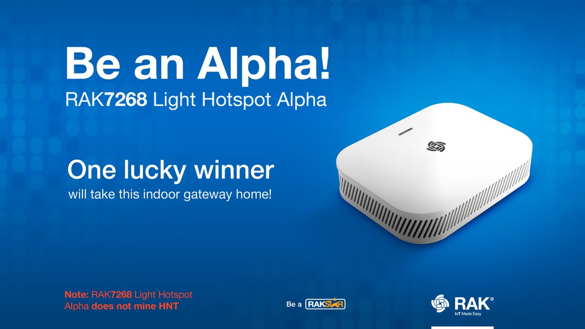 Here’s a chance to win a RAK7268 Light Hotspot Alpha: a Helium-ready WisGate Edge Lite 2!

This indoor hotspot uses WisGateOS, RAK’s newest software platform &amp; runs the Helium Light Hotspot client.

Unit will transfer data but not mine HNT.

Follow, like, &amp; retweet to join!
