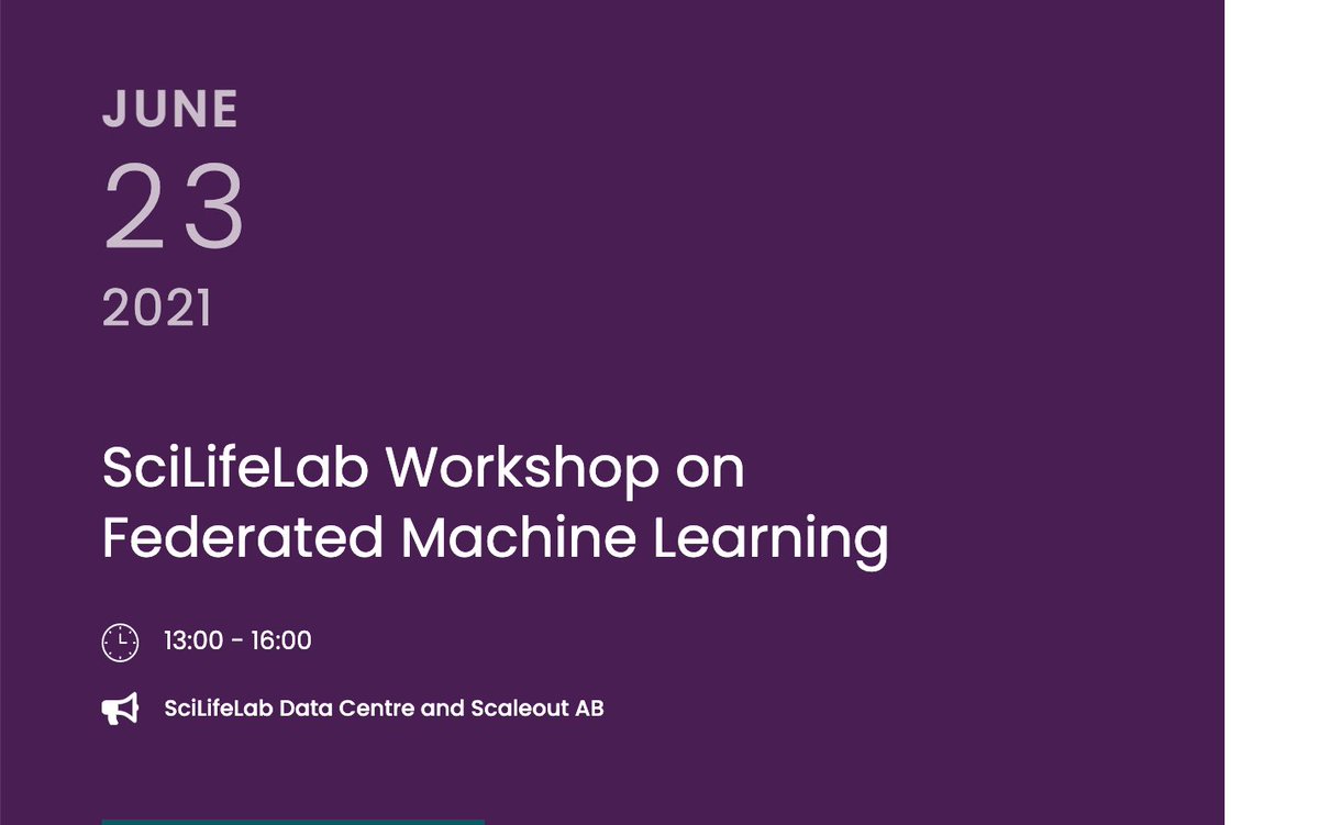 SciLifeLab_DataCentre (@scilifelab_dc) on Twitter photo Join the online SciLifeLab Workshop on Federated Machine Learning June 23rd 13-16
Register: scilifelab.se/event/fedml/
Seats for hands-on part of workshop limited to 20 people. Welcome😀
#AI #MachineLearning <a href="/scilifelab/">SciLifeLab</a> <a href="/ola_spjuth/">Ola Spjuth</a> <a href="/scaleoutsystem/">Scaleout</a> Join the online SciLifeLab Workshop on Federated Machine Learning June 23rd 13-16
Register: scilifelab.se/event/fedml/
Seats for hands-on part of workshop limited to 20 people. Welcome😀
#AI #MachineLearning <a href="/scilifelab/">SciLifeLab</a> <a href="/ola_spjuth/">Ola Spjuth</a> <a href="/scaleoutsystem/">Scaleout</a>