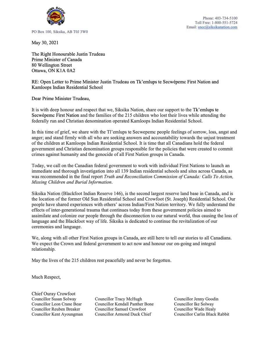 Siksika Nation Chief and Council Open Letter to Prime Minister Justin Trudeau on Tk’emlups te Secwépemc First Nation and Kamloops Indian Residential School