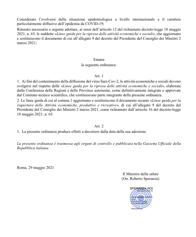 L’ORDINANZA DEL MINISTERO DELLA SALUTE DEL 29 MAGGIO 2021 CONFERMA LE LINEE GUIDA DELLA CONFERENZA STATO REGIONI, PROPOSTA FATTA DA ASSOEVENTI.