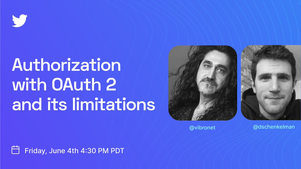 1/3 On Friday at 4:30 PM PDT <a href="/vibronet/">Vittorio</a> and I will chat @ Twitter Spaces about “Authorization with OAuth 2 and its limitations”.

If 
👷‍♂️ You are building an app 
🔒 And user authorization is a requirement 

You don't want to miss this one!

🧵