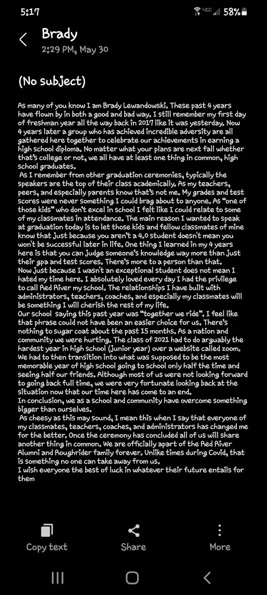 This is a speech Brady wrote.  He was hoping to be able to read it at Graduation