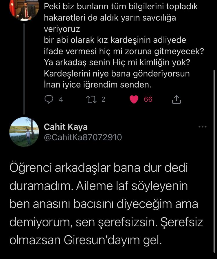 "Alanımızı savunduğu için, benim mesleki geleceğimi savunduğu için genel başkanıma küfür etme acizliğinde bulunan akademisyenin PDR camiasında yeri yoktur. Ona hoca demem.

#küfürbazakademisyenistemiyoruz

<a href="/YuksekogretimK/">Yükseköğretim Kurulu (YÖK)</a>
<a href="/yekta_sarac/">Prof. Dr. M. A. Yekta Saraç</a>
<a href="/GiresunEduTr/">Giresun Üniversitesi</a>
<a href="/YemecanCan/">Prof. Dr. Yılmaz Can</a>
@CahitKa87072910
