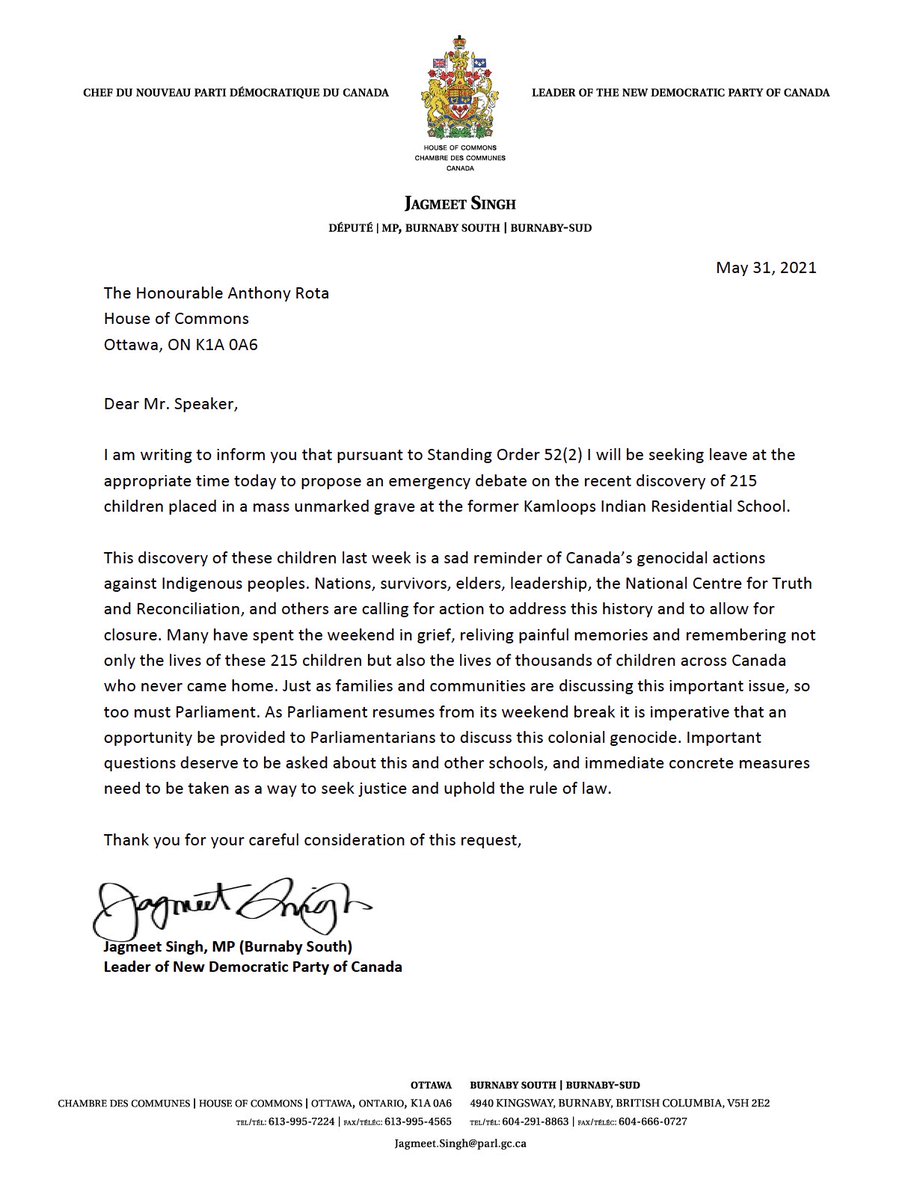 theJagmeetSingh's tweet image. I’ve requested the Speaker allow for an Emergency Debate on the discovery of the graves of #215children

We grieve for these children and demand accountability from the federal govt

This govt must end all legal actions against Indigenous children &amp;amp; residential school survivors