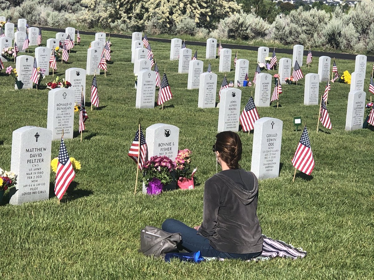 Some come early. Heidi Peltzer sits by the grave of her husband, Matthew, who was killed in a National Guard helicopter crash Feb.  2, 2021. 
Idaho Veterans Cemetery. https://t.co/s7aptIaZdW
