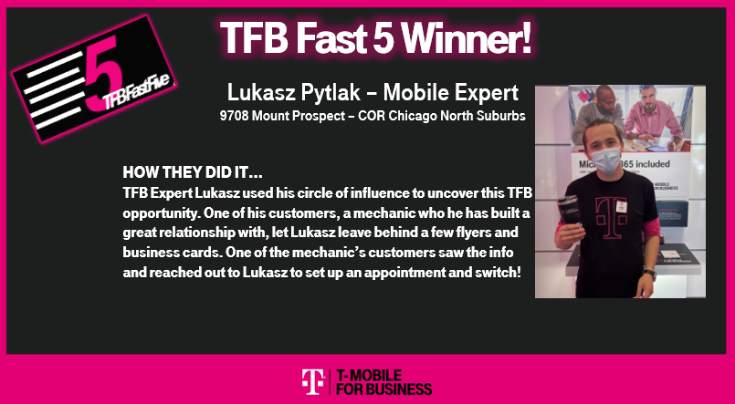 KNCMorales's tweet photo. Congrats to #TFBFastFive winner TFB Expert Lukasz! #BeastMode #WindyCityChamps #TMobileForBusiness #TFB #RDM https://t.co/obOb96enRN