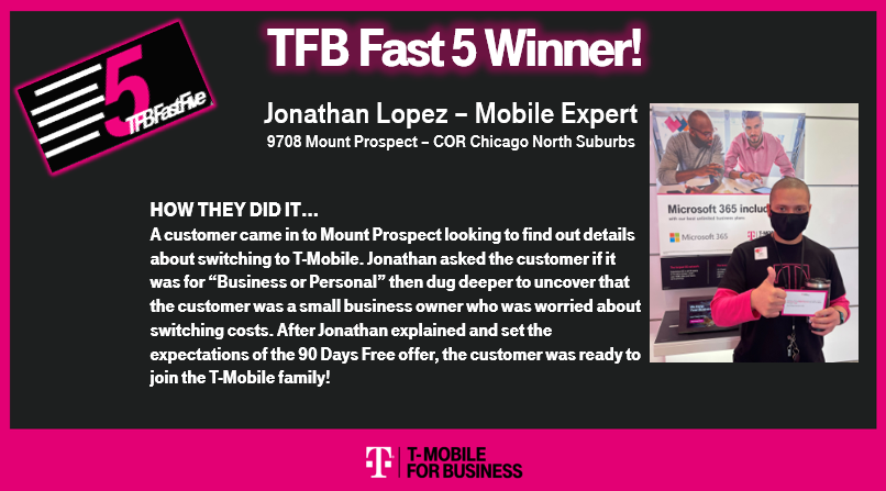 KNCMorales's tweet photo. Congrats to #TFBFastFive winner Jonathan! #BeastMode #WindyCityChamps #TMobileForBusiness #TFB #RDM https://t.co/o9NXgebgss