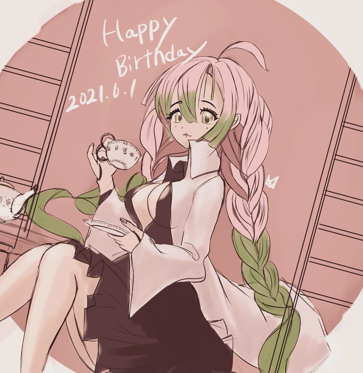 甘露寺蜜璃 「Happy birthday🎉🎉
ティータイム🍰🍰

#甘露寺蜜璃誕生祭」|まころん🐳のイラスト