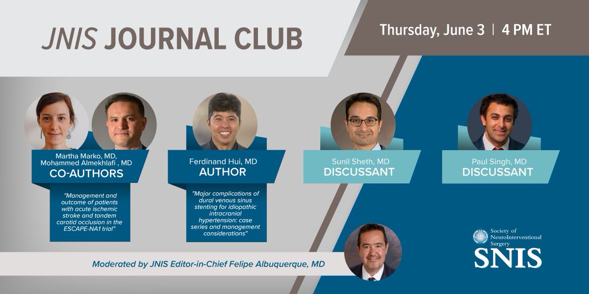 SNIS Info (@snisinfo) on Twitter photo 🧠 📘 Don't miss tomorrow's <a href="/JNIS_BMJ/">JNIS</a> Journal Club webinar at 4 p.m. ET. ➡️ register.gotowebinar.com/register/92219…
JNIS Editor-in-Chief <a href="/fcalbuquerque51/">Felipe C. Albuquerque</a> will sit down with authors <a href="/martha_marko/">Martha Marko</a>, <a href="/AlmekhlafiMa/">Mohammed Almekhlafi</a> & <a href="/Ferdinandhui/">Ferdinand</a>, along with with discussants <a href="/SunilAShethMD/">Sunil Sheth, MD</a> & <a href="/ThePaulSingh/">Paul Singh</a>. 🧠 📘 Don't miss tomorrow's <a href="/JNIS_BMJ/">JNIS</a> Journal Club webinar at 4 p.m. ET. ➡️ register.gotowebinar.com/register/92219…
JNIS Editor-in-Chief <a href="/fcalbuquerque51/">Felipe C. Albuquerque</a> will sit down with authors <a href="/martha_marko/">Martha Marko</a>, <a href="/AlmekhlafiMa/">Mohammed Almekhlafi</a> & <a href="/Ferdinandhui/">Ferdinand</a>, along with with discussants <a href="/SunilAShethMD/">Sunil Sheth, MD</a> & <a href="/ThePaulSingh/">Paul Singh</a>.