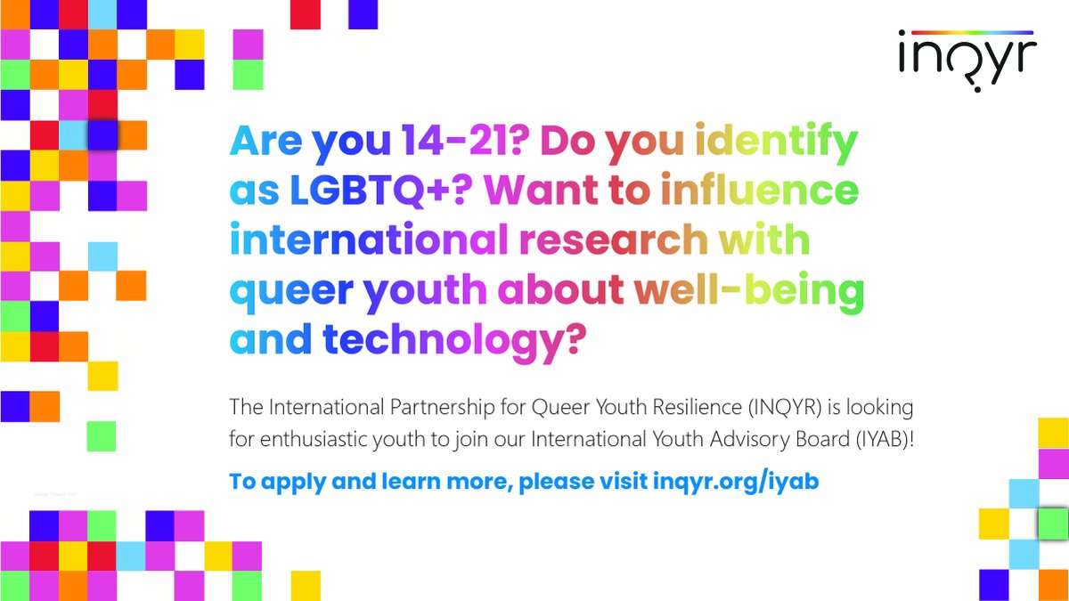 INQYR_'s tweet photo. We're looking for enthusiastic youth to join our International Youth Advisory Board! Have the opportunity to be mentored by leading experts in LGBTQ+ research, gain volunteer hours, and make friends from around the globe 💫   Learn more at https://t.co/RpmXEk55qW https://t.co/gKyvakl649
