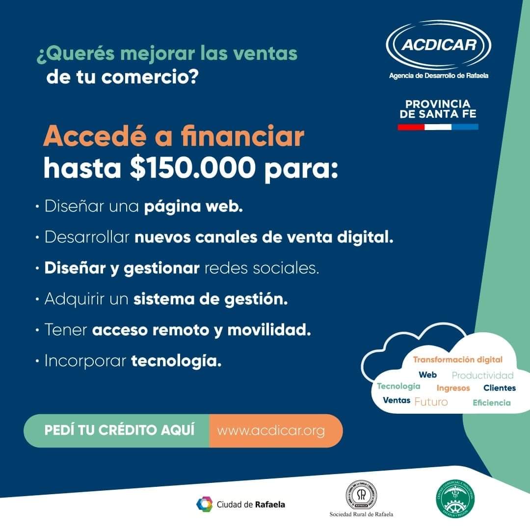 📌 PEDÍ TU CRÉDITO – TRANSFORMACIÓN DIGITAL
👉 Asesorate con nosotros por email a dcardoso@agencia.org.ar, al 03492 - 15575599 o a través de nuestra página web acdicar.org