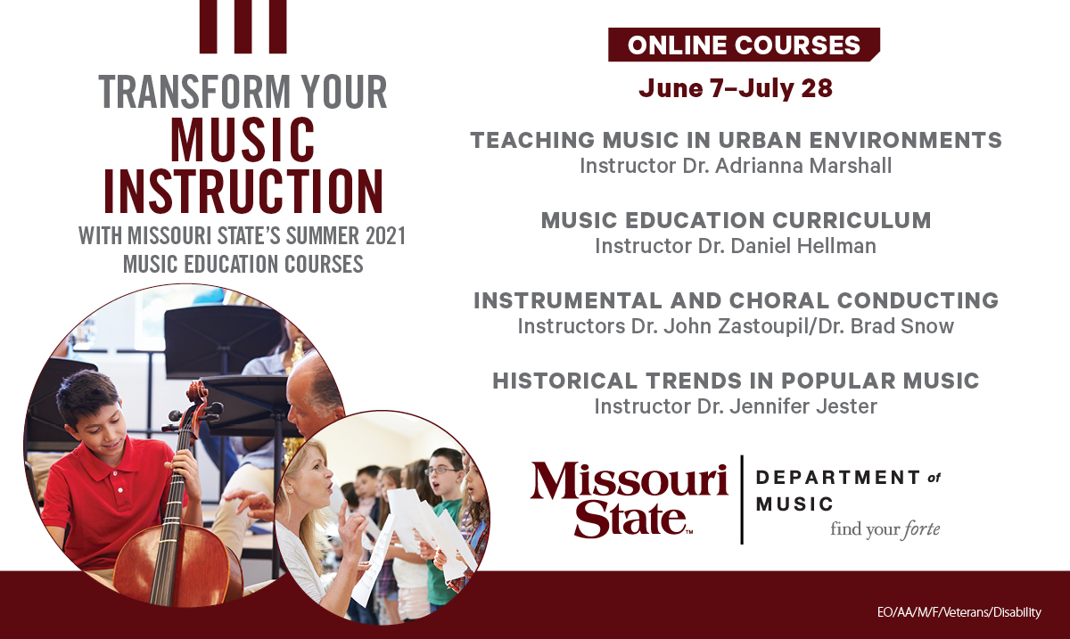 Looking to improve your teaching this summer and come back ready to engage all of your students this summer. #MoStateMusEd 
missouristate.edu/Music/Graduate…
outreach.missouristate.edu/Online/master-…
To register for courses as noncredit go to outreach.missouristate.edu/enrlform.htm