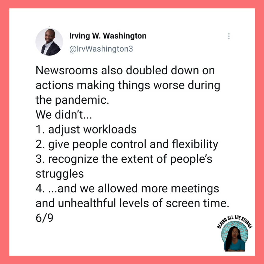 _behindstories's tweet photo. You must be familiar with the caricature of a perennially exhausted, coffee soaked, sleep deprived hack, but burnout can have serious consequences on our work and our health. 

Here are some words of wisdom from @IrvWashington3 https://t.co/ljO1nYH3dV