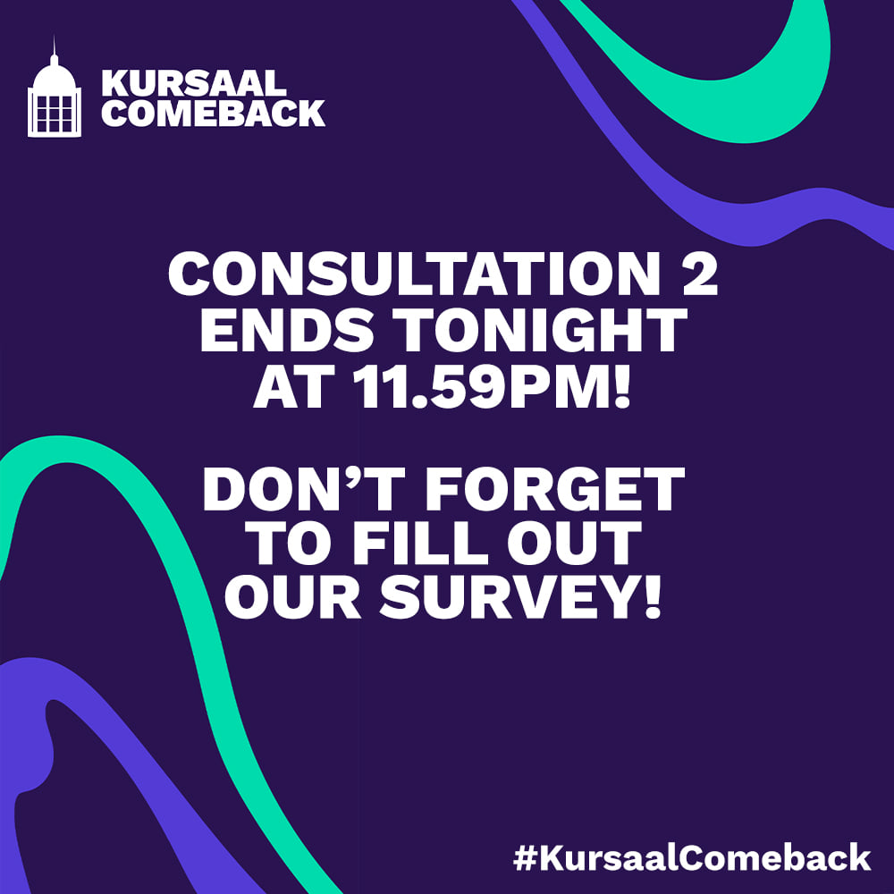 📋#KURSAALCOMEBACK SURVEY CLOSES TONIGHT📋

Only a few hours left to get your response in to stage 2 of <a href="/ConcreteSX/">Concrete Culture</a>'s #KursaalComeback survey. It closes at 23.59.

So pour a glass of something, find a seat in the sun, and make your voice heard: buff.ly/3odlJFs