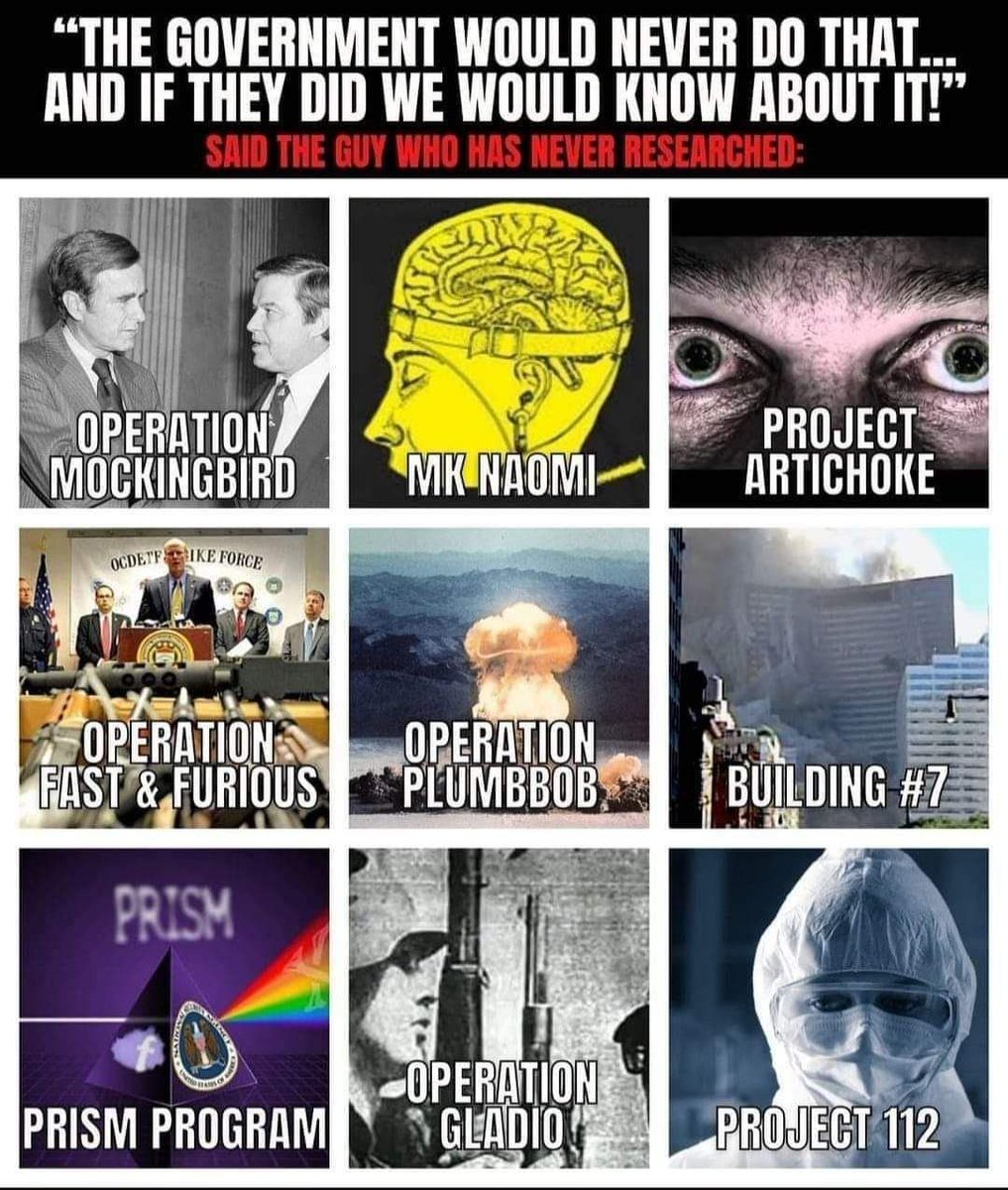 MC_Floh's tweet photo. Wer der Regierung vΓΆllig vertraut, hat auch Folgendes nie recherchiert:
β’ Operation #Mockingbird
β’ #MKNaomi/#MKUltra
β’ Project #Artichoke/#Bluebird/#Monarch
β’ Operation #FastnFurious
β’ Operation #Plumbbob
β’ #Building7
β’ #PrismProgram
β’ Operation #Gladio
β’ #Project112 https://t.co/bXiozoJ2vO